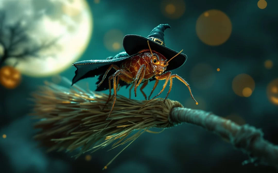 Halloween-themed illustration of a head louse wearing a witch hat, perched on a broomstick, against a spooky background with a full moon and glowing orbs, symbolizing the hidden horror of head lice during Halloween.