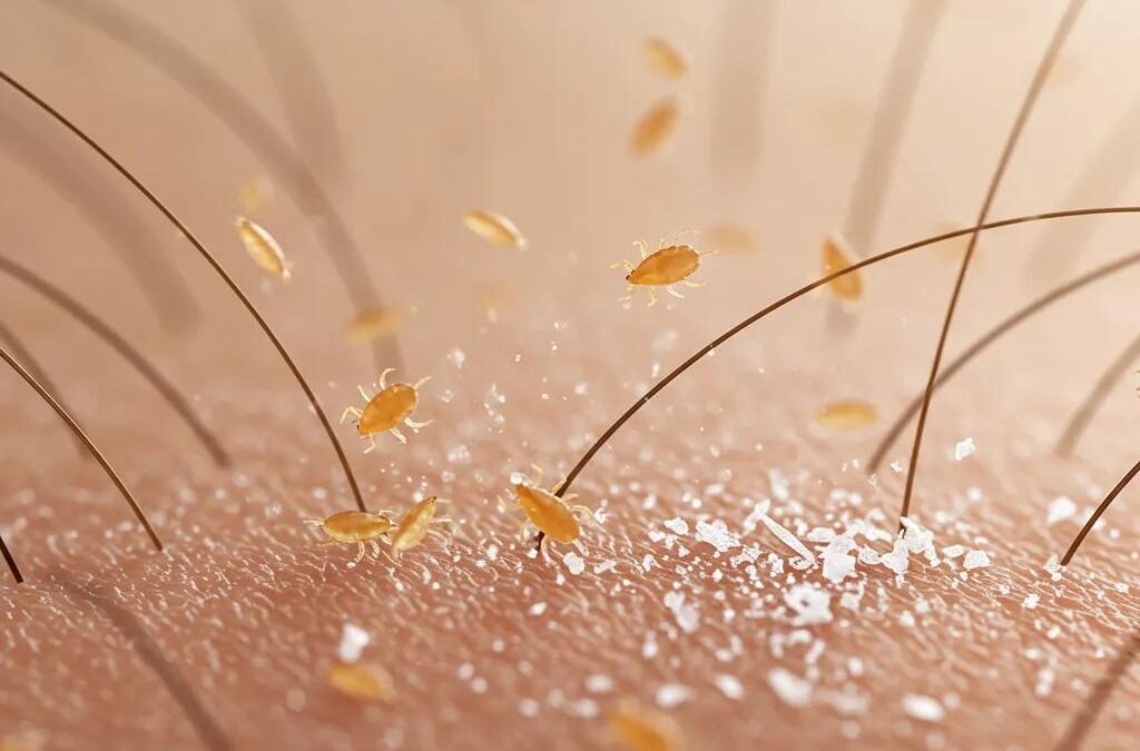 Close-up of a child's scalp showing lice and dandruff, highlighting the difference between lice and dandruff for identification.