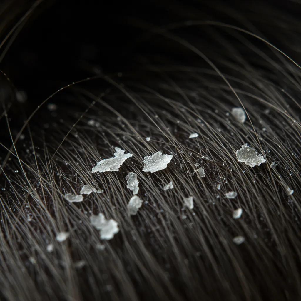 Dandruff flakes on dark hair, illustrating irregular, translucent bits ranging from 0.5–2 mm, indicative of Malassezia overgrowth and scalp irritation.