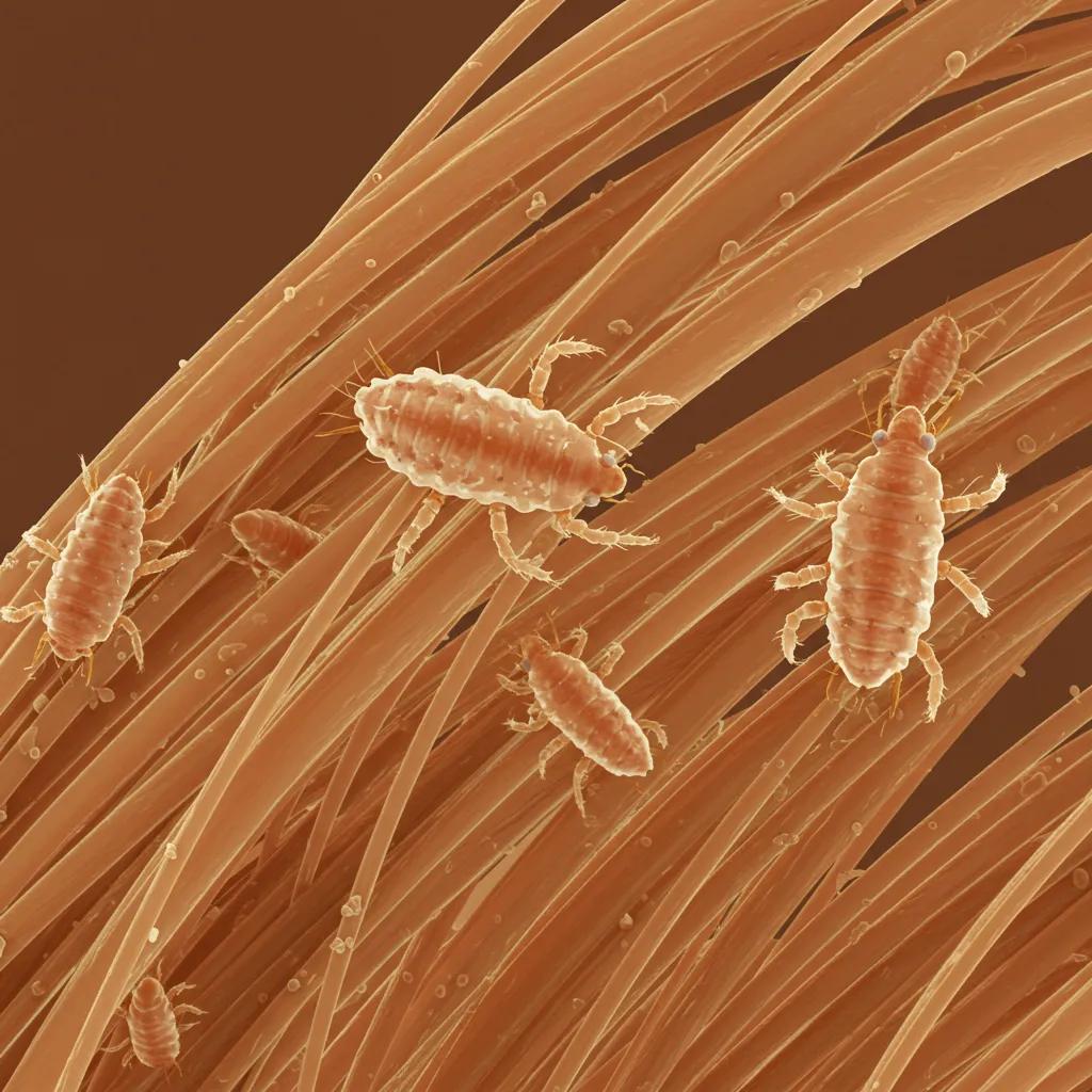 Magnified view of live head lice crawling on hair strands, illustrating key identification features for recognizing lice infestations.